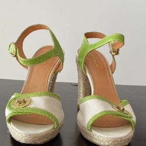 Coach Espadrille High Heels, size 8.5, green/cream